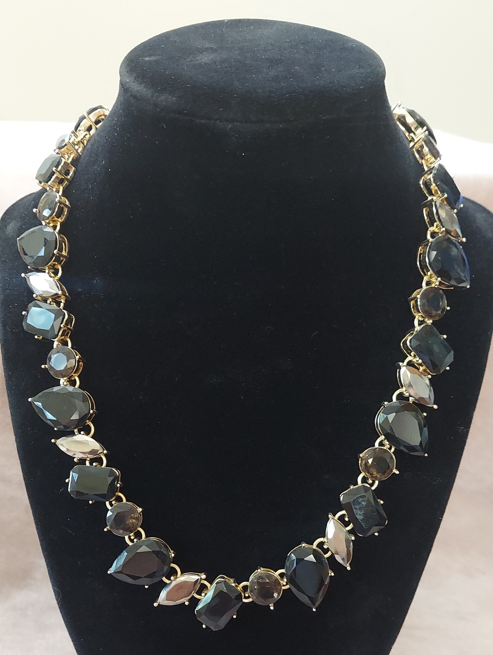Anne Klein Gold-Tone Crystal Black Faceted Stone Statement Necklace Teardrop